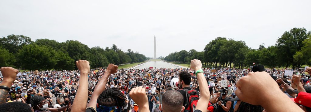 Demonstrators protest Saturday, June 6, 2020, at the Lincoln Memorial in Washington, over the death of George Floyd.