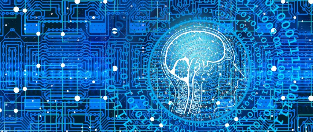 An artistic, bright blue, glowing depiction of a brain surrounded by circuits and ones and zeros.