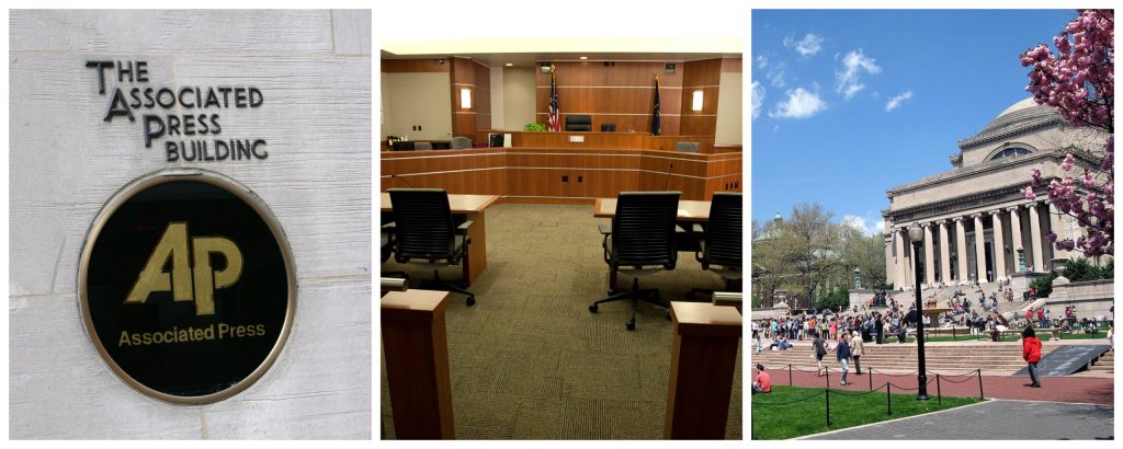 Collage of the AP logo (L), a courtroom (M), and Columbia University (R)