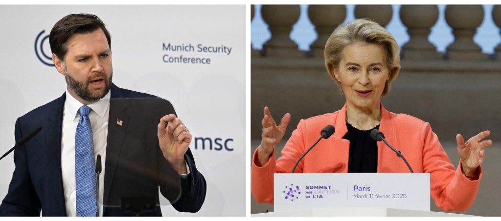 (L) US vice president JD Vance speaks during the 61st Munich Security Conference on February 14, 2025 in Munich, Germany (R) President of the European Commission Ursula von der Leyen speaks during a plenary session at the Artificial Intelligence