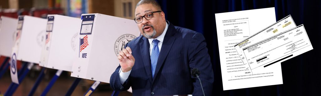 Alvin Bragg is centered in the image, with 2016 voting polls on the left, and Trump's indictment and checks used to lay off Michael Cohen on the right