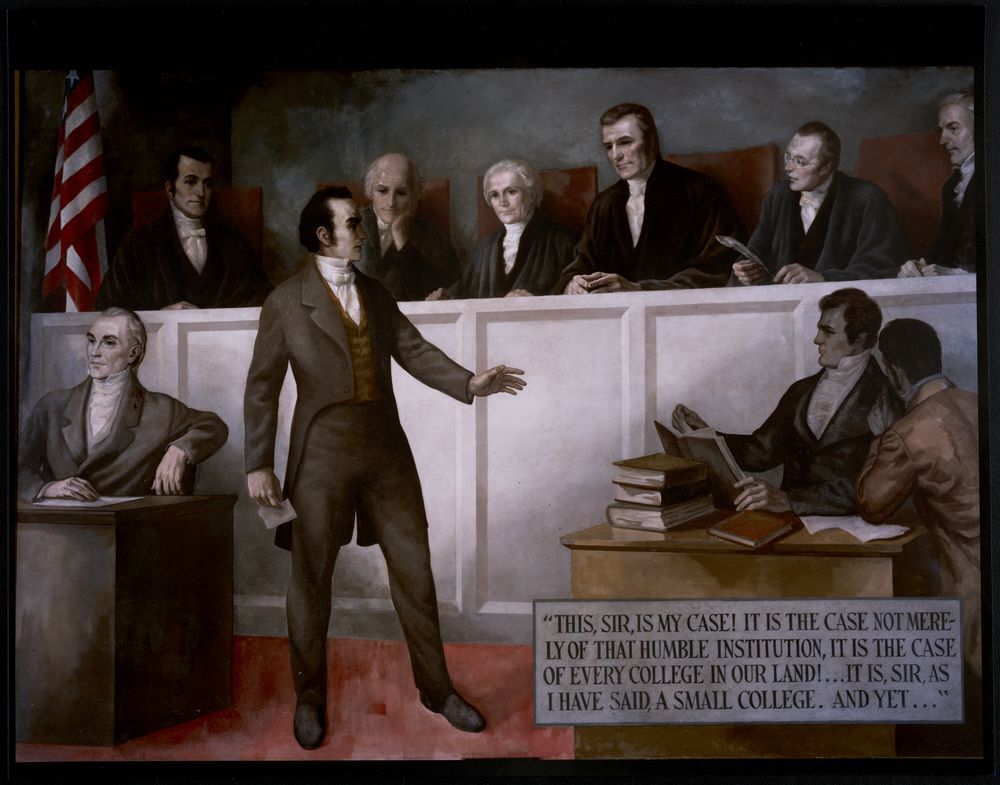 A color drawing of Daniel Webster arguing before the Supreme Court.