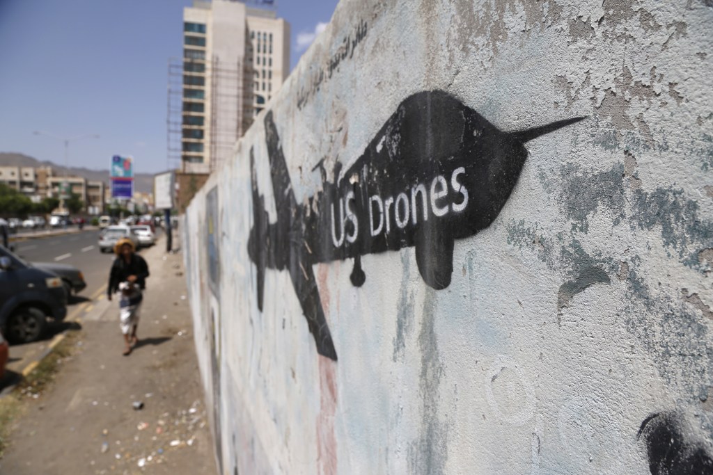 Graffiti showing a US drone is depicted on a wall to protest against US drone strikes on September 19, 2018 in Sana'a, Yemen.