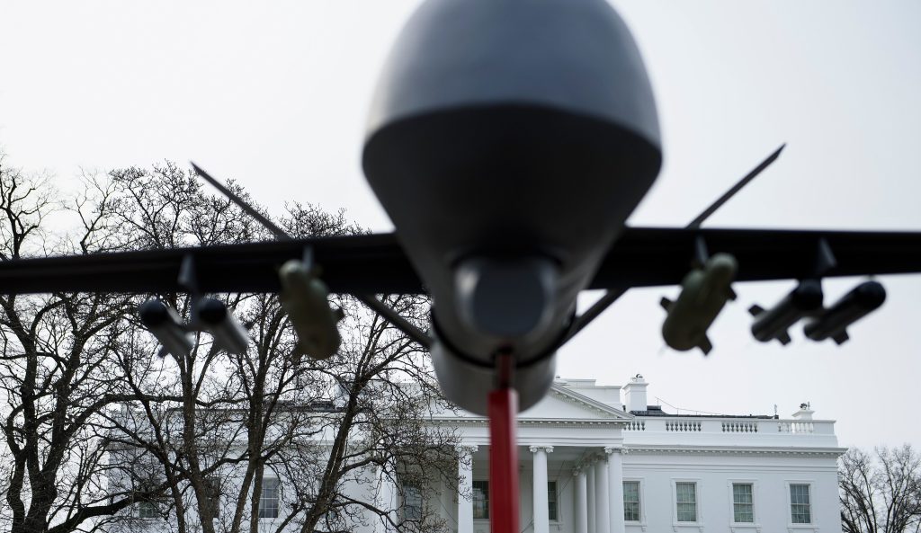 A military drone replica is displayed in front of the White House during a protest against drone strikes on January 12, 2019 in Washington, DC.