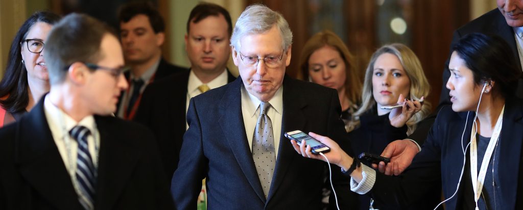 Senate Majority Leader Mitch McConnell (R_KY) is trailed by reporters after speaking on the floor of the U.S. Senate on January 22, 2019 in Washington, DC.