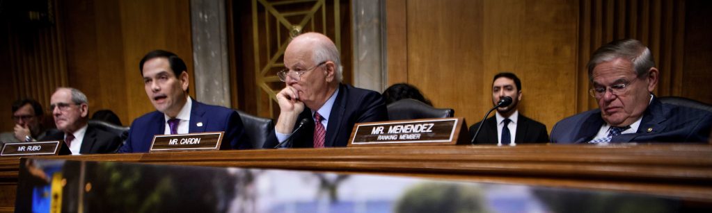 Senator James E. Risch (R-ID), Senator Marco Rubio (R-FL), Senator Benjamin L. Cardin (D-MD), and Senator Robert Menendez (D-NJ) attend a hearing of the Senate Foreign Relations Subcommittee on US-Venezuela Relations and the Path to a Democratic Transition on Capitol Hill March 7, 2019 in Washington, DC.