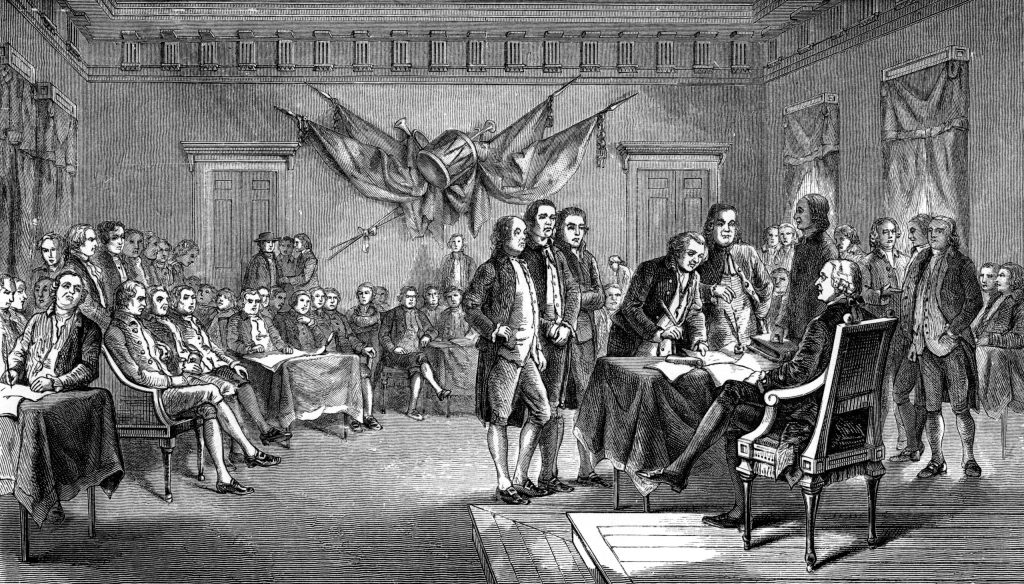 Drafting the Declaration of Independence in Antique Illustration (Getty Images)