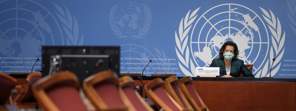 The president of the Human Rights Council, Austrian Ambassador Elisabeth Tichy-Fisslberger, wearing a protective facemask attends a press conference during the resuming of a UN Human Rights Council session after it interruption in March over the coronavirus pandemic on June 15, 2020 in Geneva.