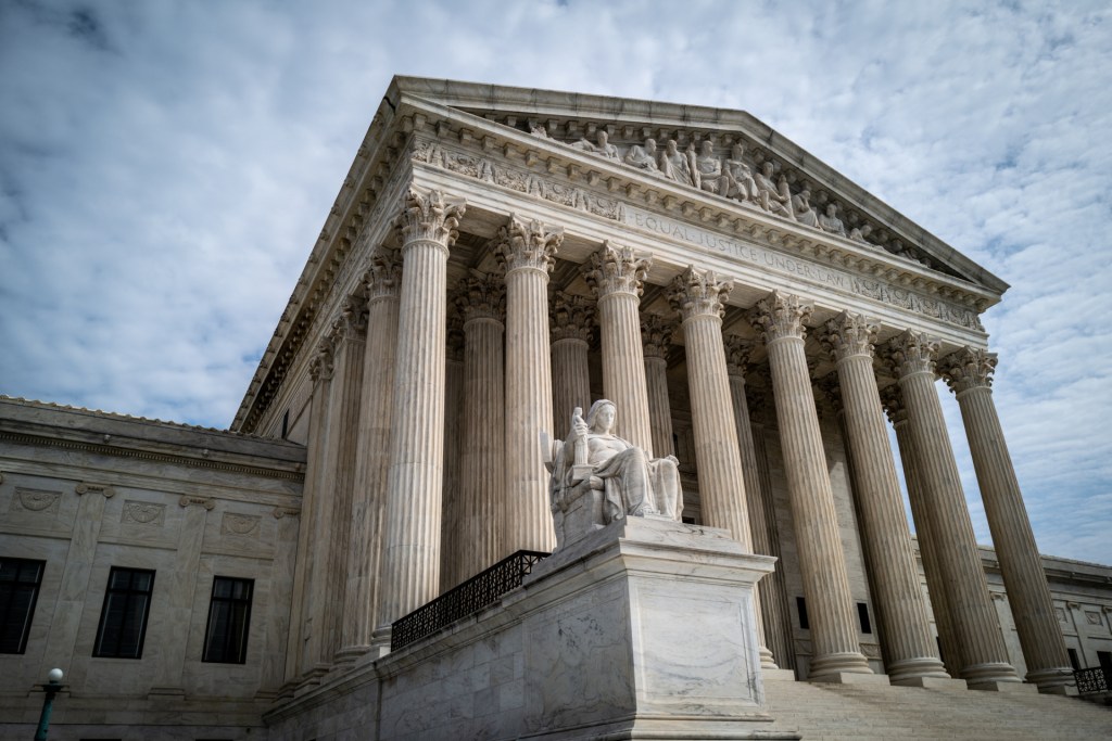 A view of the front portico of the United States Supreme Court building in Washington, DC