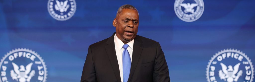 U.S. Army (retired) General Lloyd Austin speaks after being formally nominated to be Secretary of the Department of Defense by U.S. President-elect Joe Biden at the Queen Theatre on December 09, 2020 in Wilmington, Delaware. Behind him is a banner with the seal of the President-Elect.