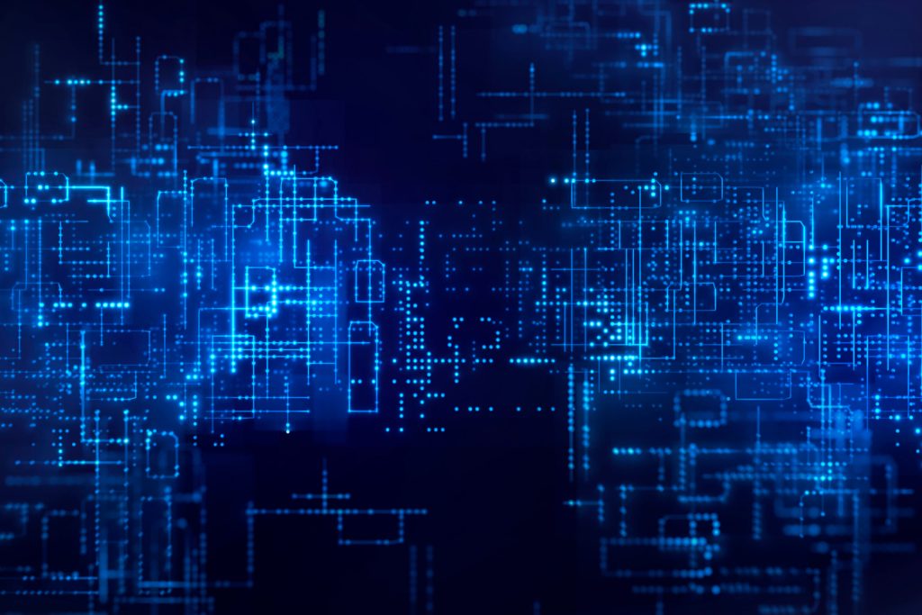 Futuristic digital circuit background with a glowing dotted and line.