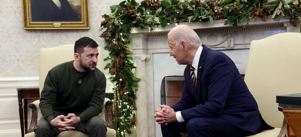 U.S. President Joe Biden (R) meets with President of Ukraine Volodymyr Zelensky (L) in the Oval Office of the White House on December 21, 2022 in Washington, DC. Zelensky is meeting with President Biden on his first known trip outside of Ukraine since the Russian invasion began, and the two leaders are expected to discuss continuing military aid. Zelensky will reportedly address a joint meeting of Congress in the evening.