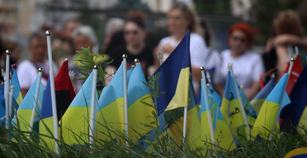 Ukrainian flags in memory of soldiers who died during the war against Russia are seen on the Maidan Nezalezhnosti