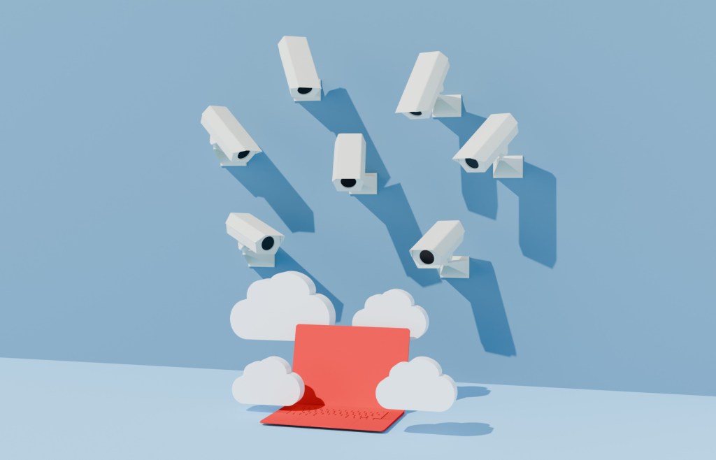 Conceptual image of a laptop surrounded by cloud illustrations and being watched by security cameras