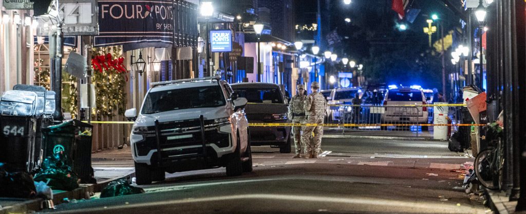Members of the National Guard monitor a blocked off section of the French Quarter