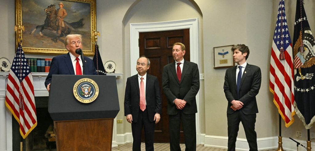 US President Trump speaks in the Roosevelt Room flanked by Masayoshi Son (2L), Chairman and CEO of SoftBank Group Corp, Larry Ellison (2R), Executive Charmain Oracle and Sam Altman (R), CEO of Open AI