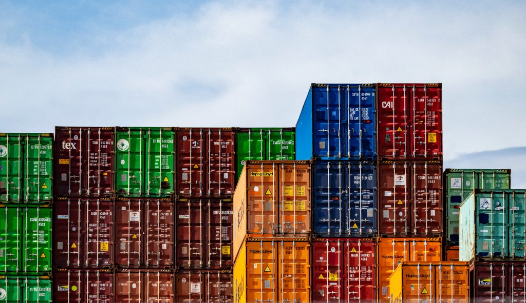 Stacks of shipping containers sit at the Port of Baltimore