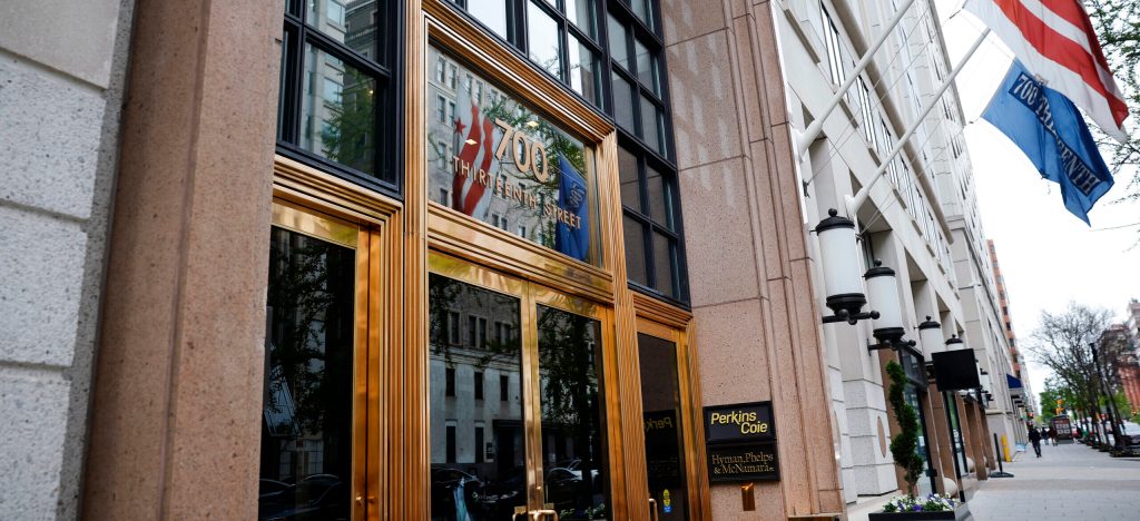 The office of the law firm Perkins Coie is seen on April 10, 2025 in Washington, DC.