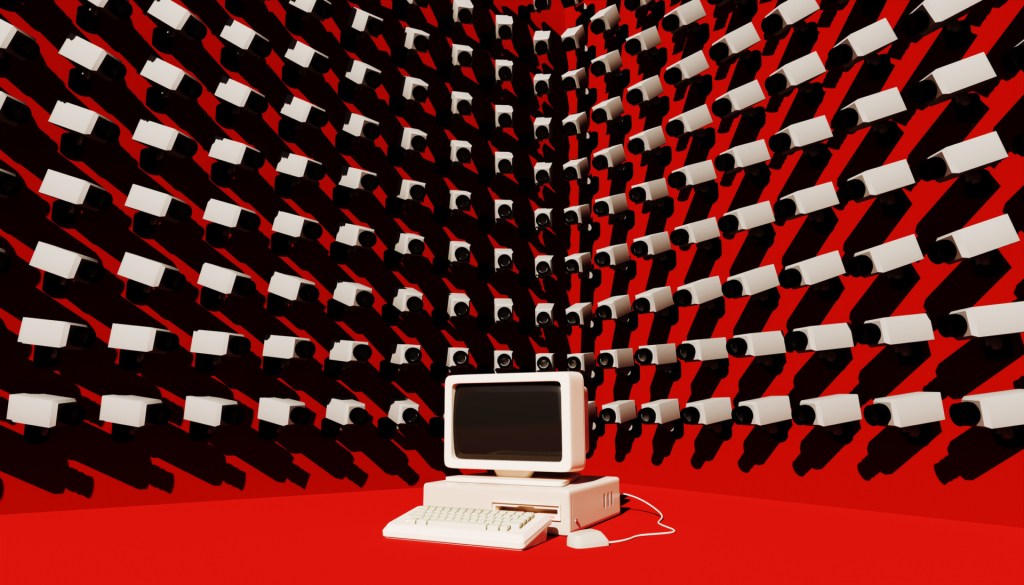 A retro computer encircled by CCTV cameras