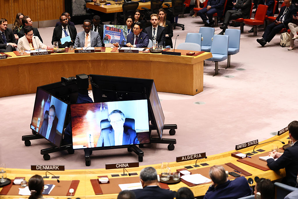 Members of the UN Security Council listen as Ambassador Danny Danon, Permanent Representative of Israel to the UN, speaks during an emergency meeting at the United Nations Headquarters on June 13, 2025 in New York City (Michael M. Santiago/Getty Images)