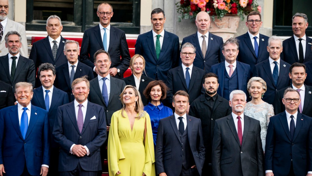 NATO Leaders join King Willem-Alexander and Queen Máxima of the Netherlands for a family photo as they participate in the 2025 NATO summit on June 24, 2025 in The Hague, Netherlands. (Photo by Haiyun Jiang-Pool/Getty Images)
