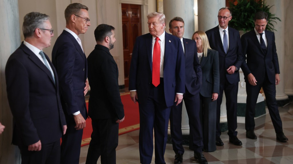 (L-R) British Prime Minister Keir Starmer, Finnish President Alexander Stubb, Ukrainian President Volodymyr Zelensky, U.S. President Donald Trump, French President Emmanuel Macron, Italian Prime Minister Giorgia Meloni, German Chancellor Friedrich Merz, and NATO Secretary General Mark Rutte