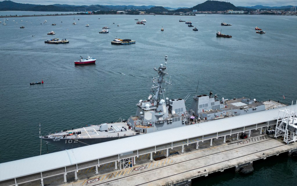 The US Navy warship USS Sampson (DDG 102) docks at the Amador International Cruise Terminal in Panama City on September 02, 2025. Venezuelan President Nicolas Maduro said on September 1, 2025, that eight US military vessels with 1,200 missiles were targeting his country, which he declared to be in a state of "maximum readiness to defend" itself. (Photo by MARTIN BERNETTI/AFP via Getty Images)