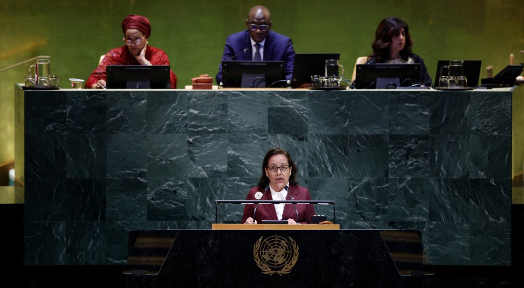 Marshall Islands president Hilda Heine speaks during the General Debate of the United Nations General Assembly at the UN headquarters in New York City on September 24, 2025. (Photo by Leonardo MUNOZ / AFP) (Photo by LEONARDO MUNOZ/AFP via Getty Images)