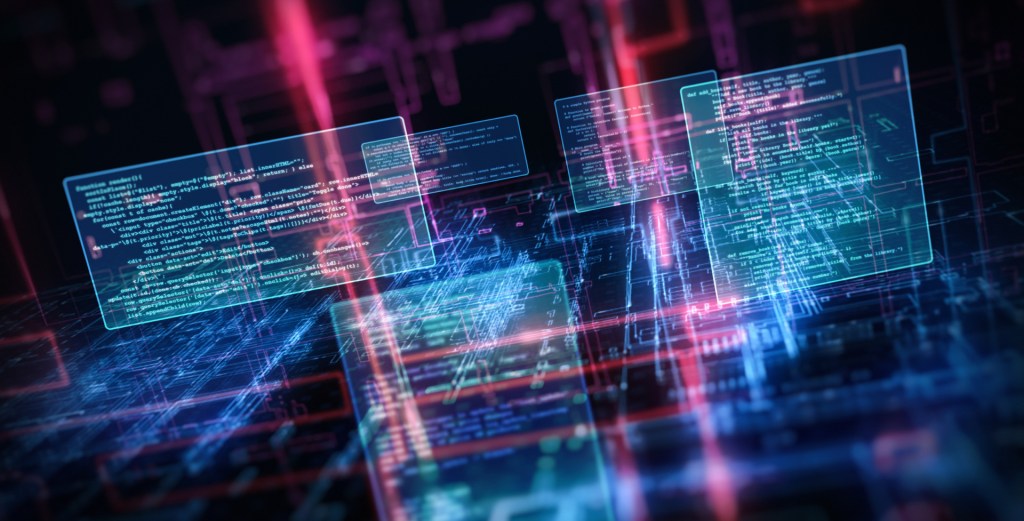 Visualization of floating programming code windows on a glowing cyber grid