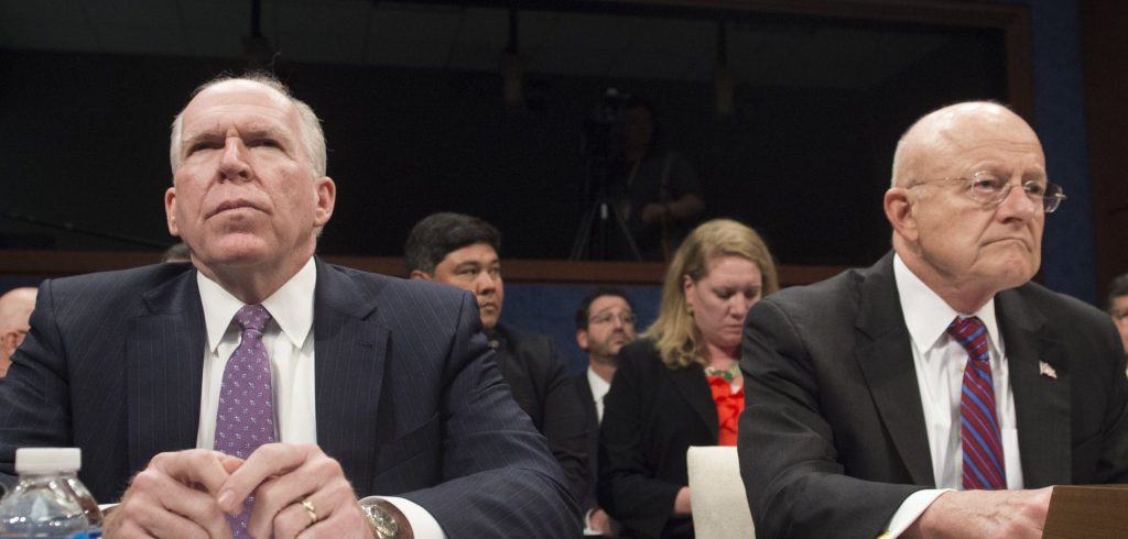 CIA Director John Brennan and Director of National Intelligence James Clapper, arrive to testify during a US House Committee on Intelligence hearing on Capitol Hill in Washington, DC, September 10, 2015.