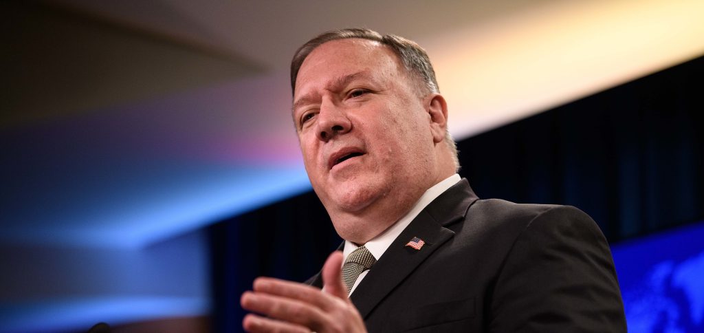 Pompeo speaks unmasked at a press conferenece on September 2, 2020.