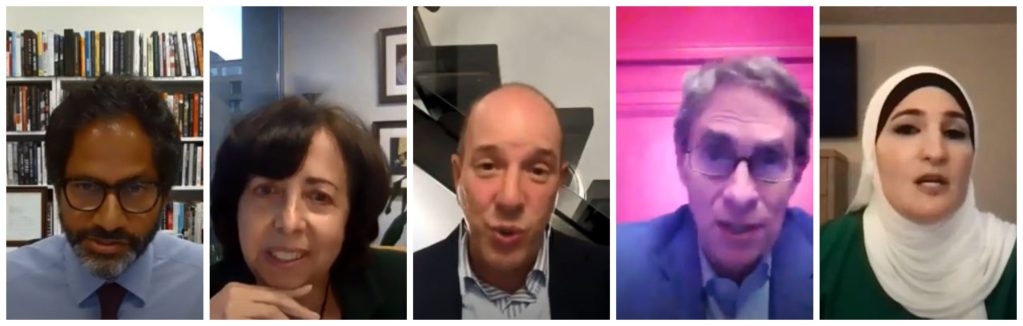 Side by side images of the speakers from the event “Roads Not Taken – Reflections on the 9/11 Anniversary” hosted by Just Security and the Knight First Amendment Institute. Jameel Jaffer, Elisa Massimino, Anthony D. Romero, Kenneth Roth, and Linda Sarsour.