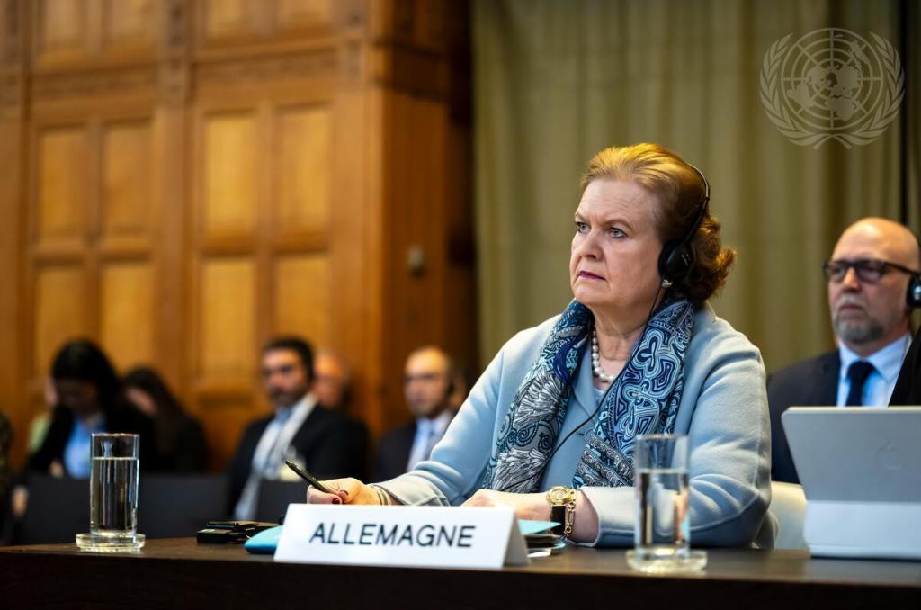 The International Court of Justice (ICJ), the principal judicial organ of the UN, delivers its Order on the Request for the indication of provisional measures submitted by Nicaragua in the case concerning Alleged Breaches of Certain International Obligations in respect of the Occupied Palestinian Territory (Nicaragua v. Germany), at the Peace Palace in The Hague, the seat of the Court. Tania von Uslar-Gleichen, Agent of Germany, attends the proceedings of the International Court of Justice.